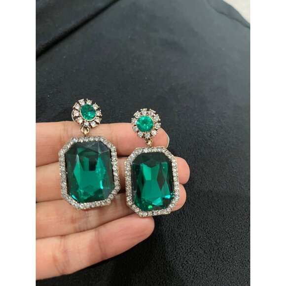 Dark Green earrings teardrop green crystal Rhinestone Crystal green Earrings - Picture 2 of 8